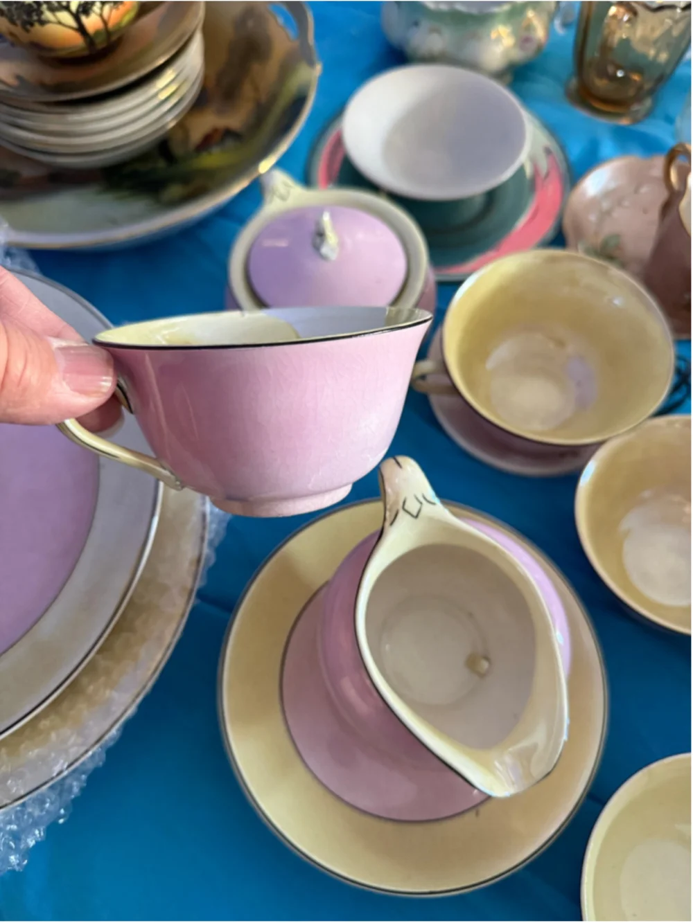 Antique 1920’s Pink and Yellow Tea Set with Creamer and Cups